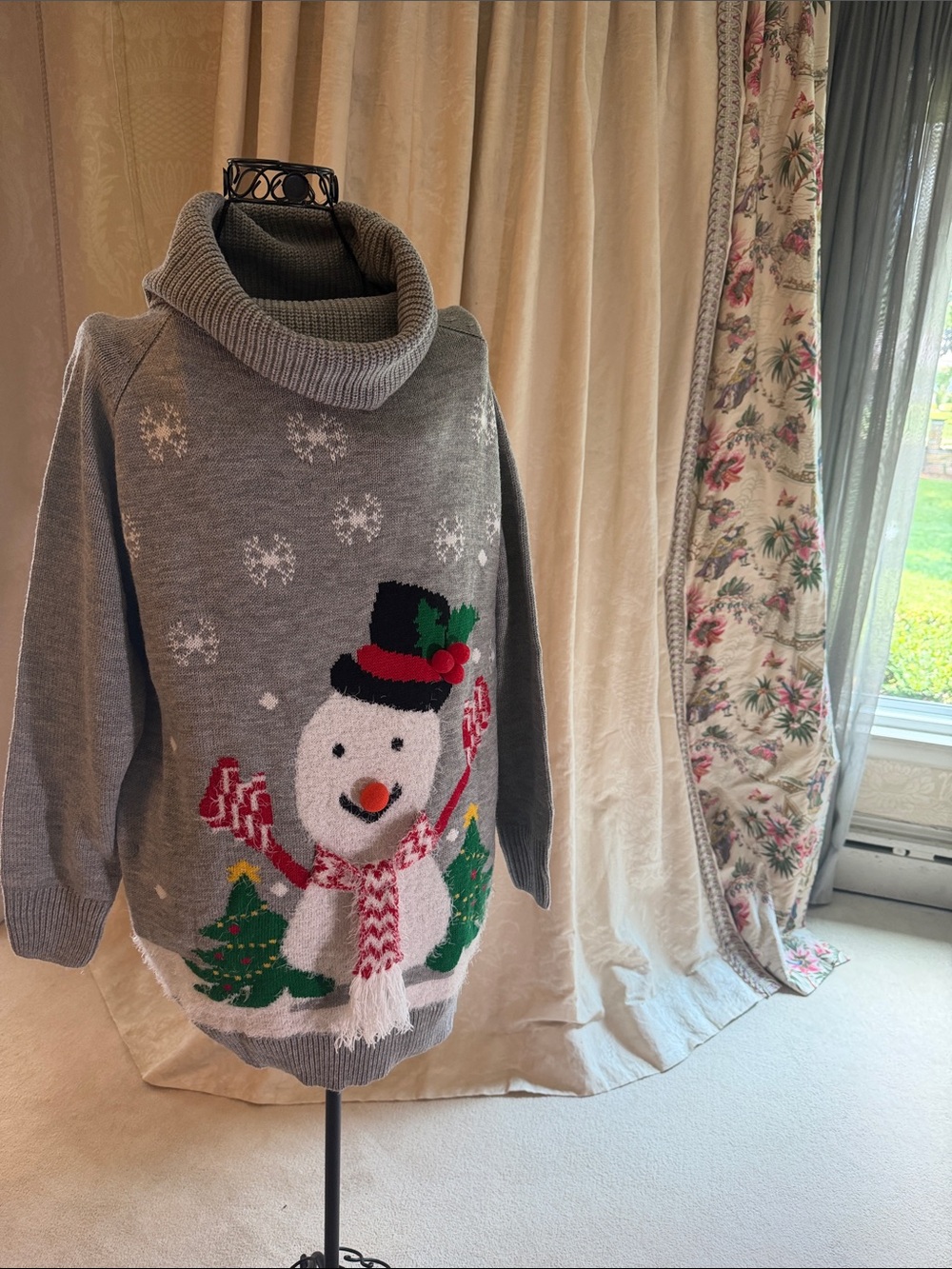 Gray Cowl-Neck Snowman Sweater with Festive Knit